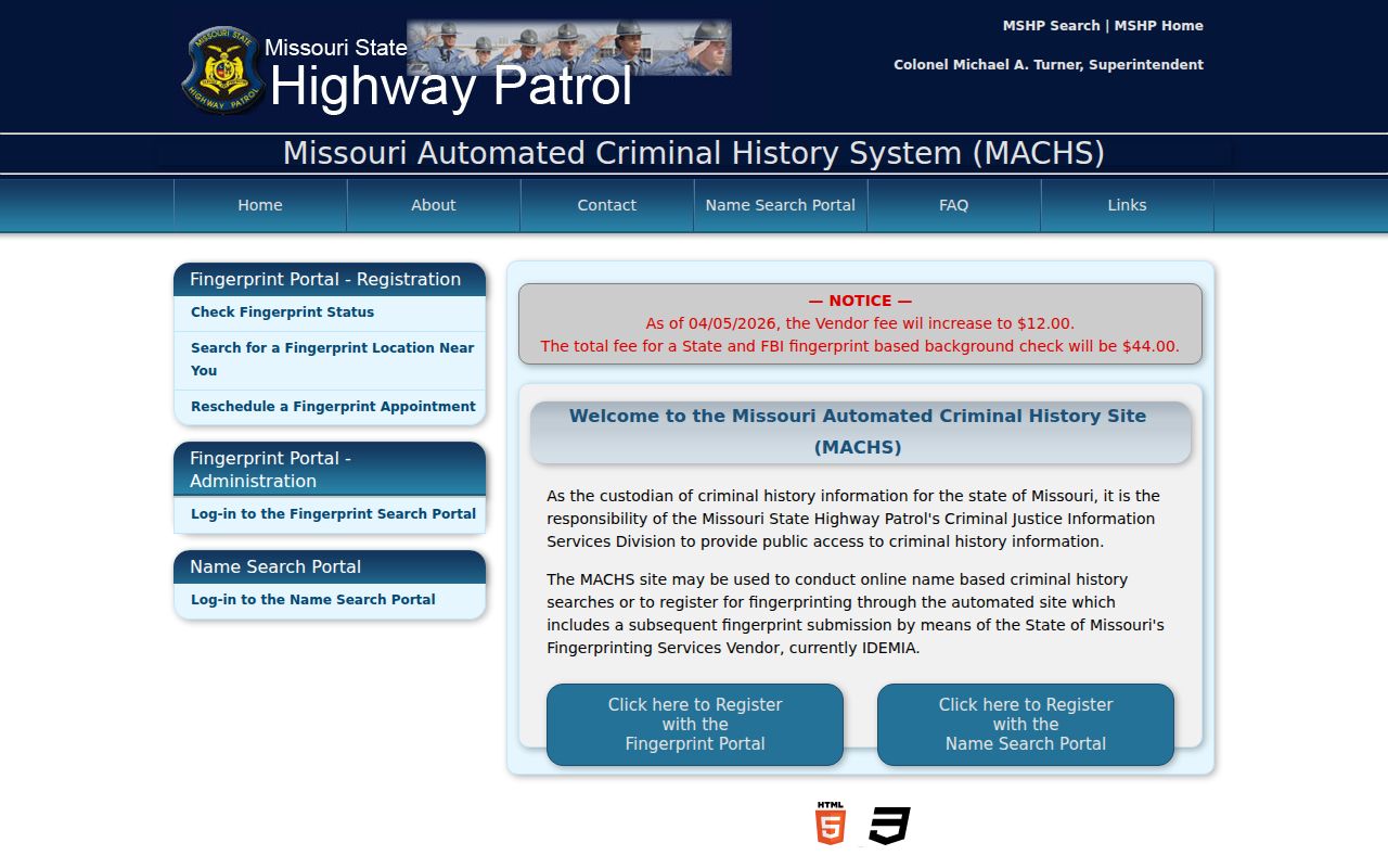 Shannon County criminal history MACHS fingerprint search registration