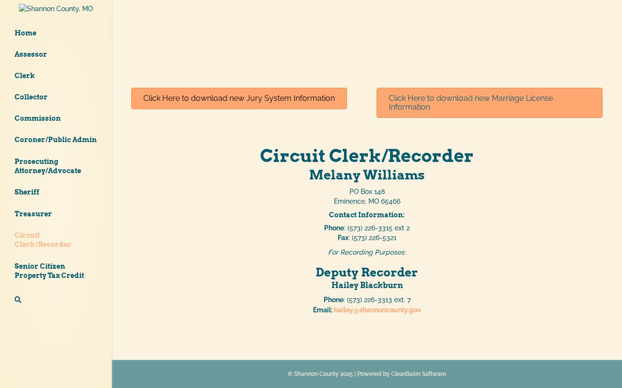 Shannon County criminal history circuit clerk contact page