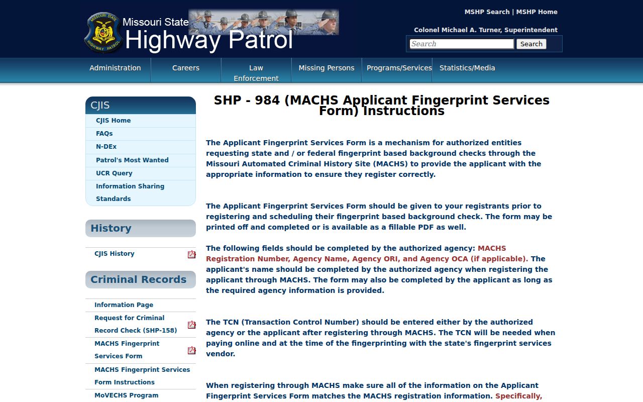 Shannon County arrest record source showing Missouri fingerprint-service instructions