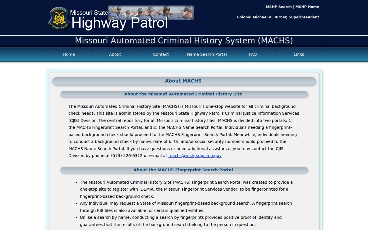 Shannon County arrest lookup source showing the MACHS record-check overview