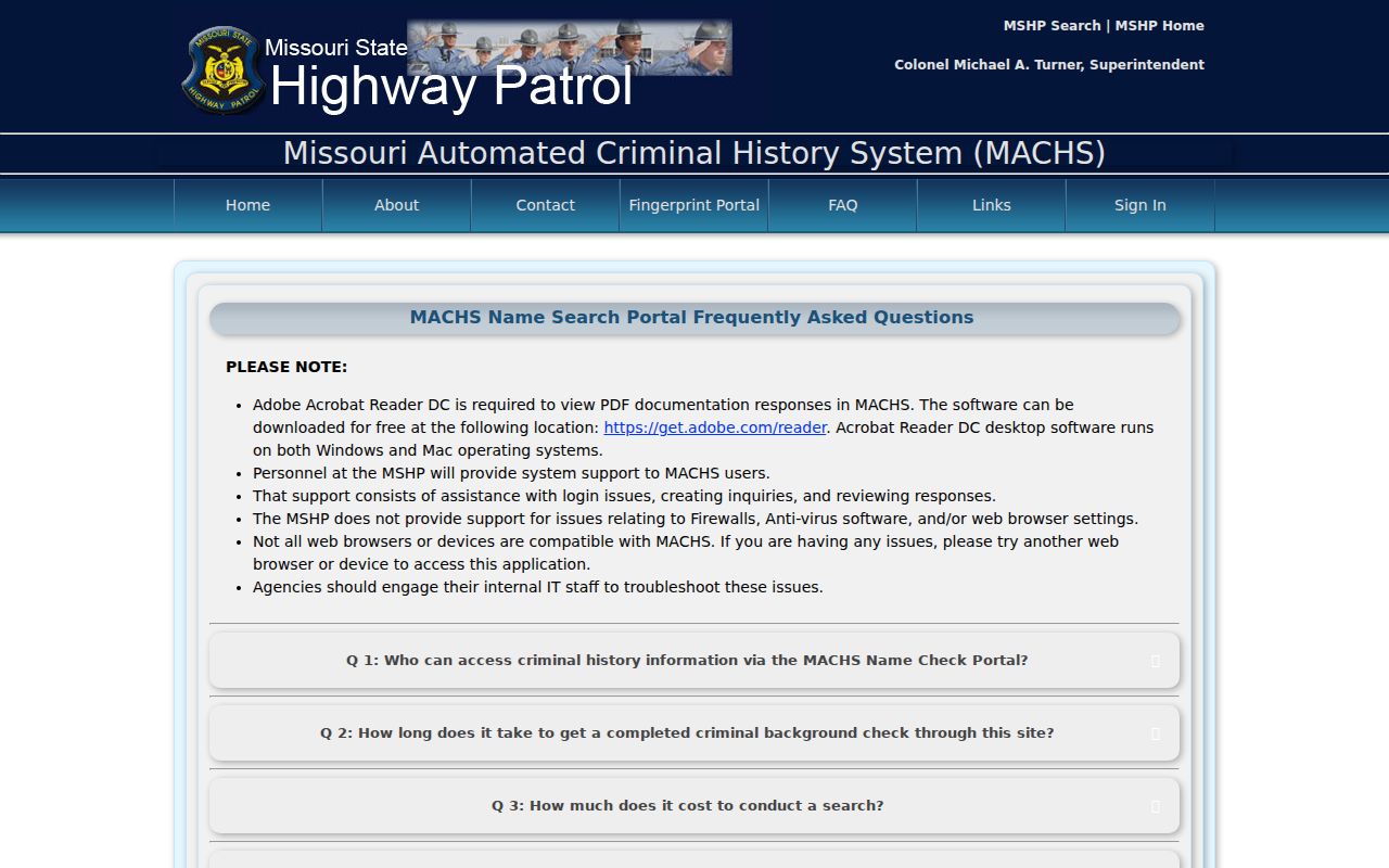 Shannon County arrest lookup source showing the MACHS name-search rules