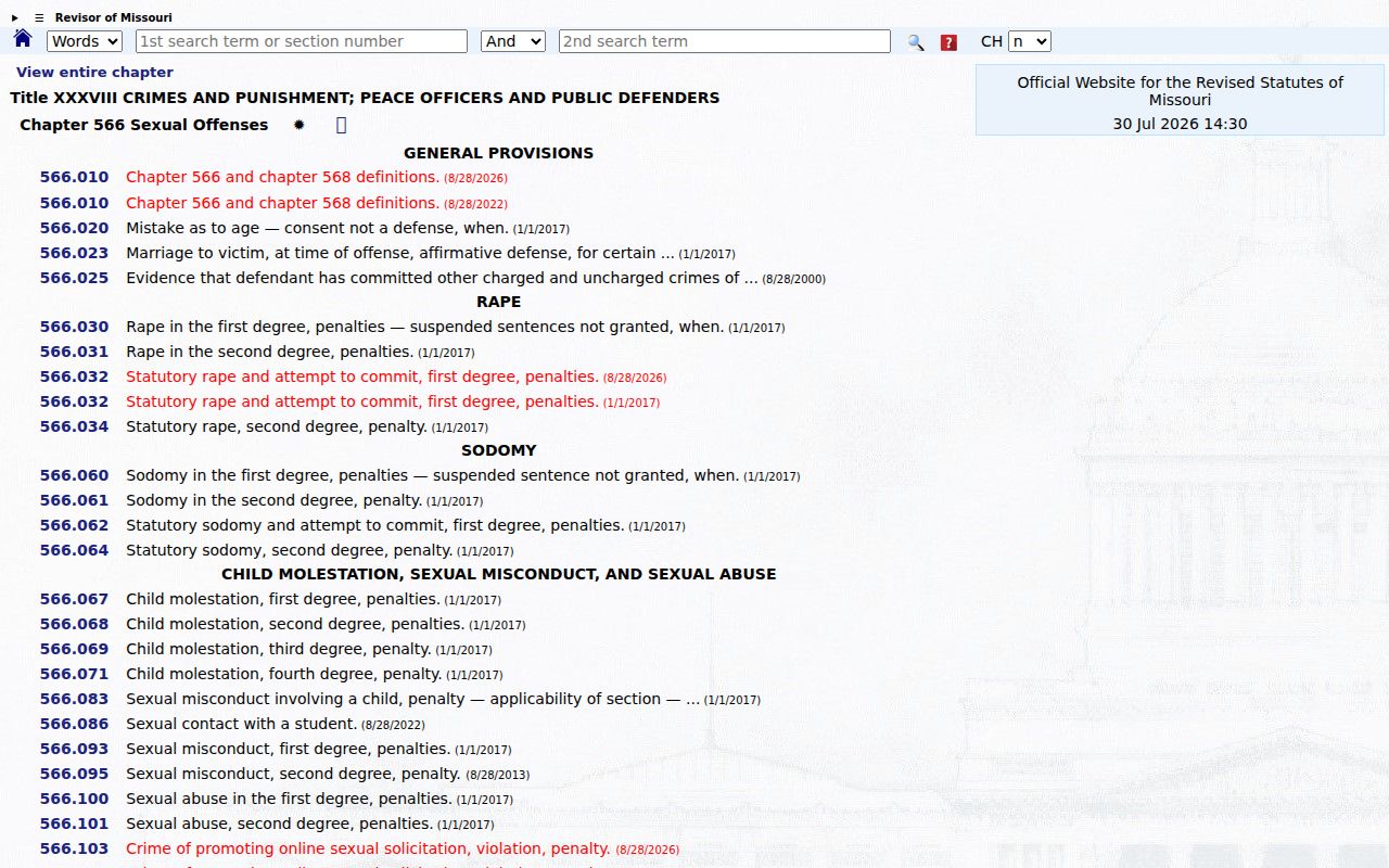 Shannon County sex offender search and Missouri sex offense statutes