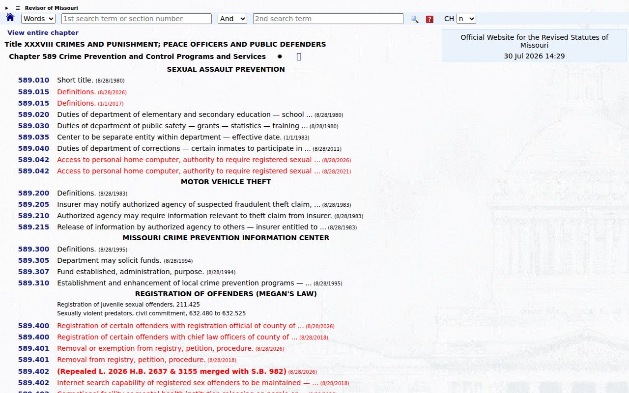 Shannon County sex offender registry requirements in Missouri Chapter 589